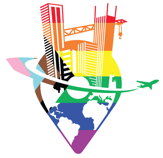 New colorful Deafopia Logo showing skyscrapers on top of a location pin shaped earth with a green airplane flying by